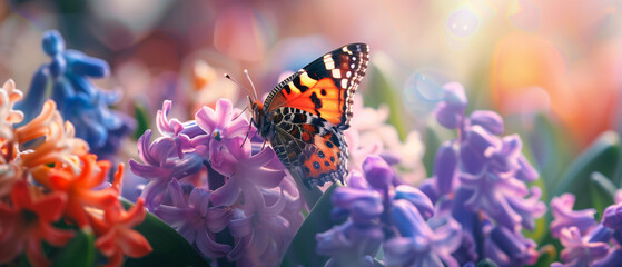 Poster - butterfly in blue flowers field