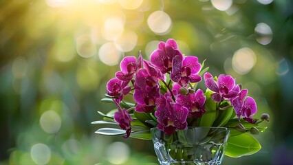 Wall Mural - Vibrant Closeup of Purple Orchids in a Glass Vase Amidst Green Foliage. Concept Purple Orchids, Closeup Photography, Glass Vase, Green Foliage, Vibrant Colors