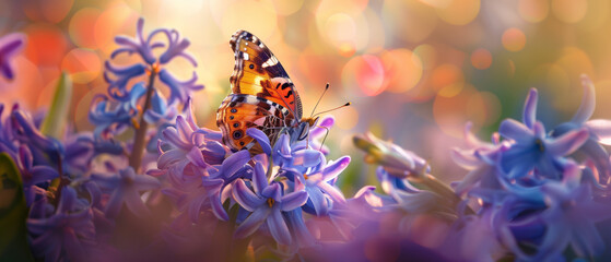 Poster - butterfly in blue flowers field