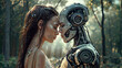 Intimate moment between a woman and a humanoid robot in a forest