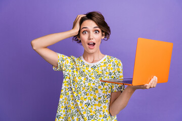 Aufkleber - Photo of pretty young woman open mouth hold laptop wear t-shirt isolated on violet color background