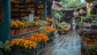 An atmospheric shot of a flower fair marketplace, with vendors selling handcrafted goods, artisanal foods, and herbal remedies alongside fragrant blooms, creating a visually divers
