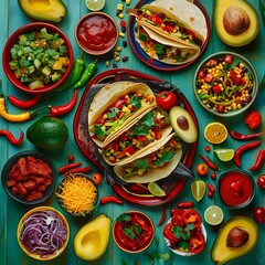 Wall Mural - Vibrant Mexican Cuisine Flat Lay Featuring Tacos, Avocados, and Peppers. Concept Flat Lay Photography, Mexican Cuisine, Vibrant Colors, Tacos, Avocados, Peppers