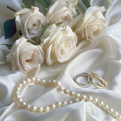 Wall Mural - Creating a Romantic Wedding Scene with White Roses, Wedding Rings, Pearls, and Fabric. Concept Romantic Wedding Scene, White Roses, Wedding Rings, Pearls, Fabric