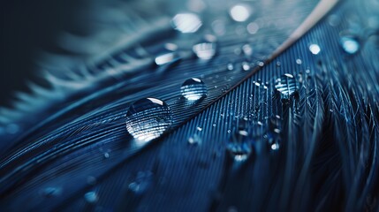 Wall Mural - Beautiful symbolic macro image of fragility and purity nature in form of perfect round water droplets on feather in blue colors.