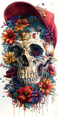 Wall Mural - A flowersurrounded sugar skull with a red hat, an artistic illustration
