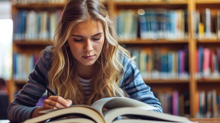 Wall Mural -   A young woman reads a book before a sprawling library, surrounded by countless bookshelves filled with texts