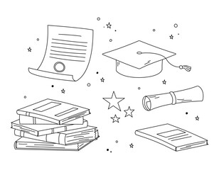 Graduation doodles vector set. Illustrations of isolated square academic cap, mortarboard, diploma, books pile and stars. High school, college, academy graduation symbols black outline