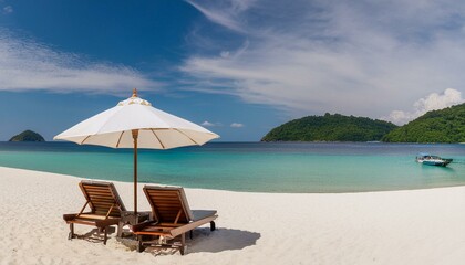 Wall Mural - picturesque beach setting, boasting glistening white sands, stylish chairs, and a colorful umbrella, framed against a backdrop of azure ocean and endless sky.