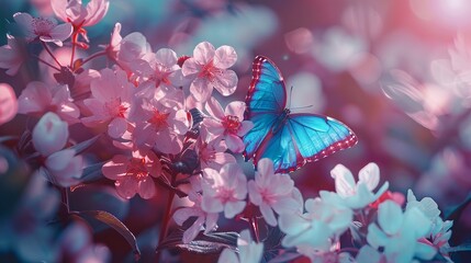 Wall Mural - Pink summer flowers and butterfly blue morpho in a fairy garden. Macro artistic image. Selective focus