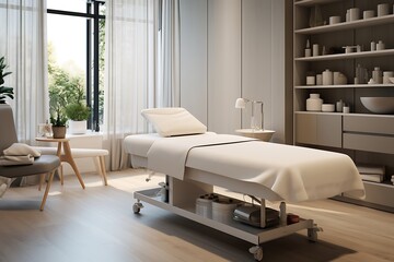 Interior of a modern spa room with a bed and a table