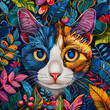 Colorful Fluffy Cat Leaves Pattern