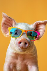 Wall Mural - Engaging close-up of a piglet in vibrant multicolored sunglasses against an orange background