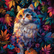 Colorful Fluffy Cat Leaves Pattern