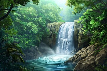 Wall Mural - cascading tranquility majestic waterfall in a lush untouched wilderness digital illustration