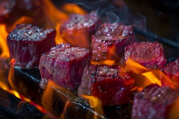 Wall Mural - Close up of juicy steak cubes cooking on hot grill with flames