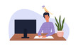 Man working at computer, male character sitting at table with parrot on head vector illustration