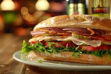 Wall Mural - A large sandwich with fresh ingredients on a white plate placed on a wooden table