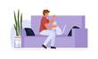Man sitting on sofa of home living room with cat, male character and kitten spend time together vector illustration
