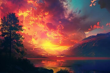 Wall Mural - enchanting aigenerated sunset landscape with dreamy surreal atmosphere digital art