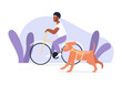 Man cyclist wearing helmet and happy dog on bike ride together vector illustration