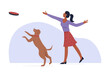 Woman training dog with ball on walk, throwing toy for puppy vector illustration