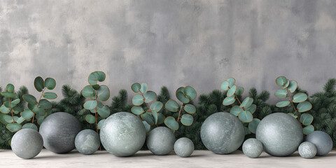 Wall Mural - Green branches on a background of a gray wall