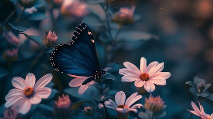 Wall Mural - Pink summer flowers and butterfly blue morpho in a fairy garden. Macro artistic image. Selective focus.