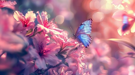 Wall Mural - Pink summer flowers and butterfly blue morpho in a fairy garden. Macro artistic image. Selective focus.