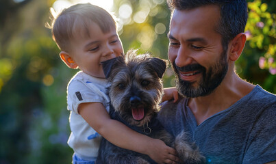 Happy father and  son in the part with a new puppy dog. Fur baby growing up with toddler, snapshot, love, home