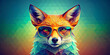 A brightly coloured geometric fox decorates the space with a modern twist. The fox with glasses against the colourful geometric background gives a sense of intelligence and curiosity.AI generated.