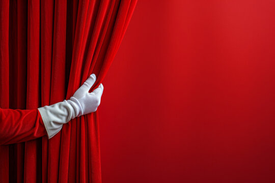 Hand in a white glove pulls back a luxurious red curtain, symbolizing the exciting reveal of a new beginning or event