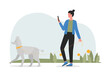 Woman walking with dog in city park, female pet owner holding mobile phone vector illustration