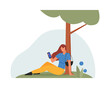 Young woman sitting under tree in summer city park with mobile phone, girl smiling vector illustration