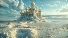 Sandcastle With Seashell Turrets, Footprints In Sand Leading Away.