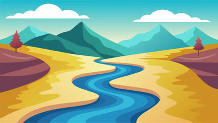 Wall Mural - A river flowing steadily and calmly through treacherous terrain serves as a metaphor for staying grounded and serene amidst lifes challenges.. Vector illustration