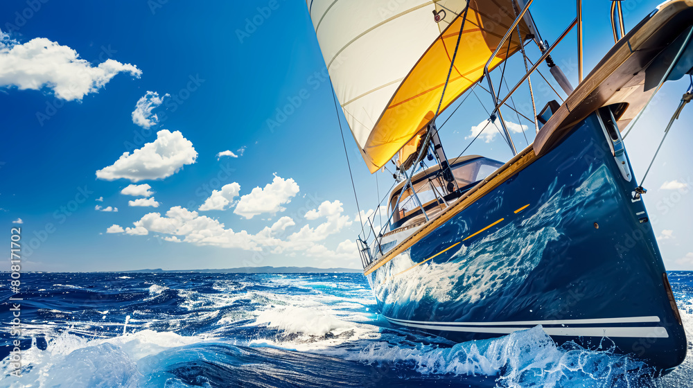 Yacht in the sea on a background of blue sky with clouds Stock Photo ...