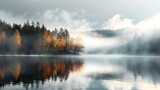 Fototapeta  - Norwegian forest lake with misty clouds mirrored in serene waters. Concept Nature Photography, Misty Landscapes, Serene Waters, Norwegian Forest Lake, Cloud Reflections