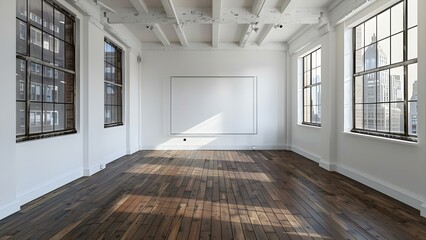 Wall Mural - Contemporary Loft with White Walls, Brown Hardwood Floors, Windows, and Empty Frame. Concept Minimalist Decor, Loft Living, Interior Design, White Walls, Empty Frame