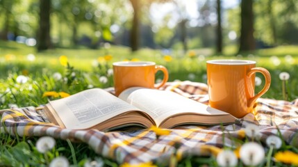 Sticker -   Two cups of coffee on a blanket in the park, surrounded by daffodils and daisies with an open book nearby