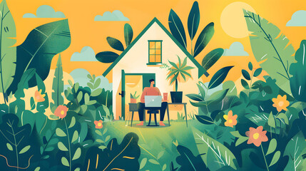 Poster - illustration of a house with a man working on his laptop.