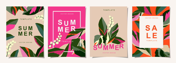 Sticker - Tropicals template set for poster, cover, card, label, banner in modern minimalist style and simple summer design templates with tropical leaves, flower, Vector illustration.