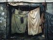 Tattered Tarpaulin Shelter in Makeshift Refugee Camp Reflecting Hardship and Resilience