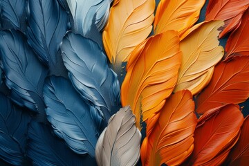 Poster - A stunning abstract image featuring a pattern of colorful feathers in varying shades of blue, orange, and grey