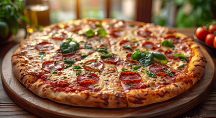 Tasty traditional deep pan pepperoni pizza on pizza table.Macro.AI Generative.