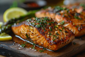 Juicy grilled salmon fillets seasoned with fresh herbs on a wooden cutting board, ready to be served for a delicious meal