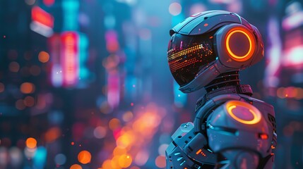 Guardian robot overlooking a neon city, futuristic protector in a world of bright lights and shadow