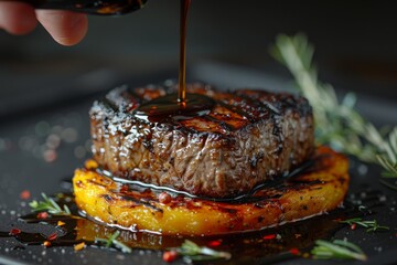 Wall Mural - Succulent grilled steak topped with rich sauce, garnished with herbs on a dark, textured backdrop