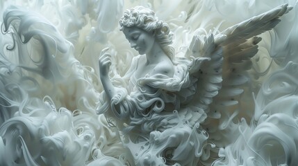 Marble sculpture of a guardian angel with feathered wings, standing solemnly in swirling fog