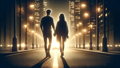 A couple walking down a street at night. The man is holding the woman's hand. The street is lit up with lights from the buildings